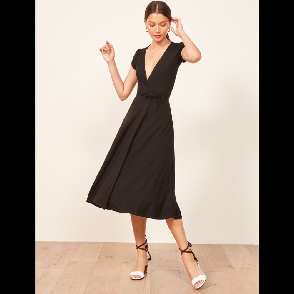 REFORMATION Black Becca Wrap Midi Dress Sz S